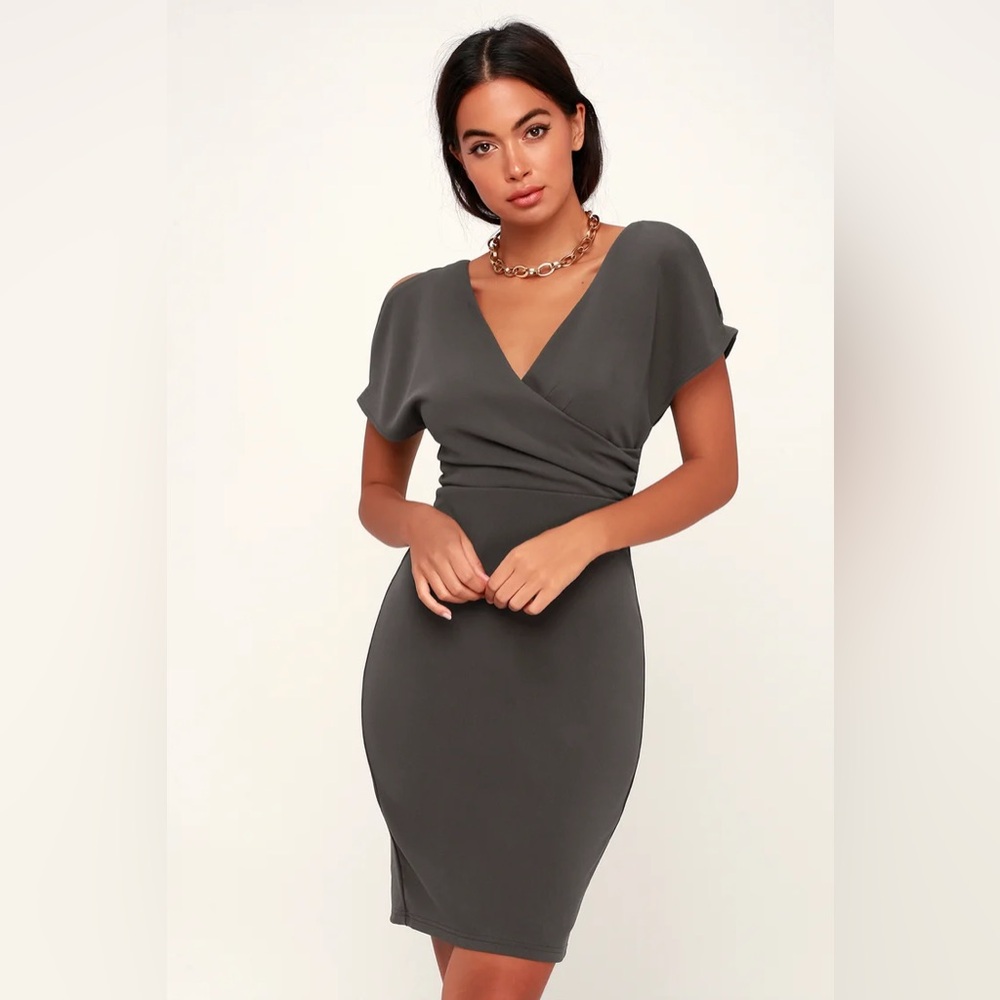 Lulus Raquel Grey Cold Shoulder Surplice Dress
